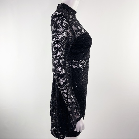 Jodi Kristopher Women's Black Lace Sequin Mini Dress with Flare Sleeves Size XS - Picture 6 of 11